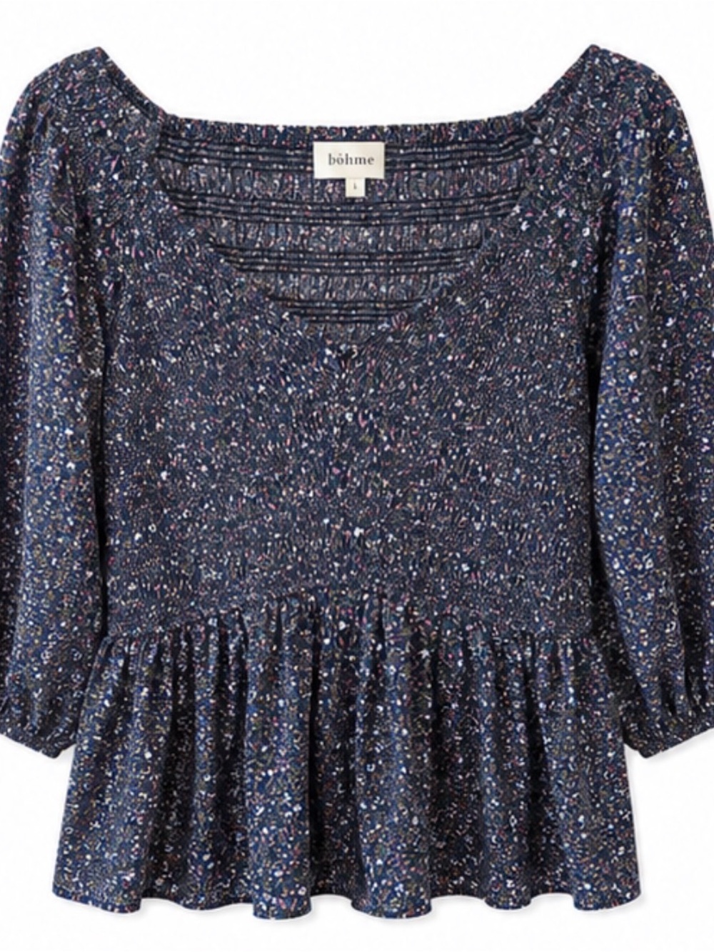 NWOT bohme Navy Multicolor Floral Smocked Peplum Blouse